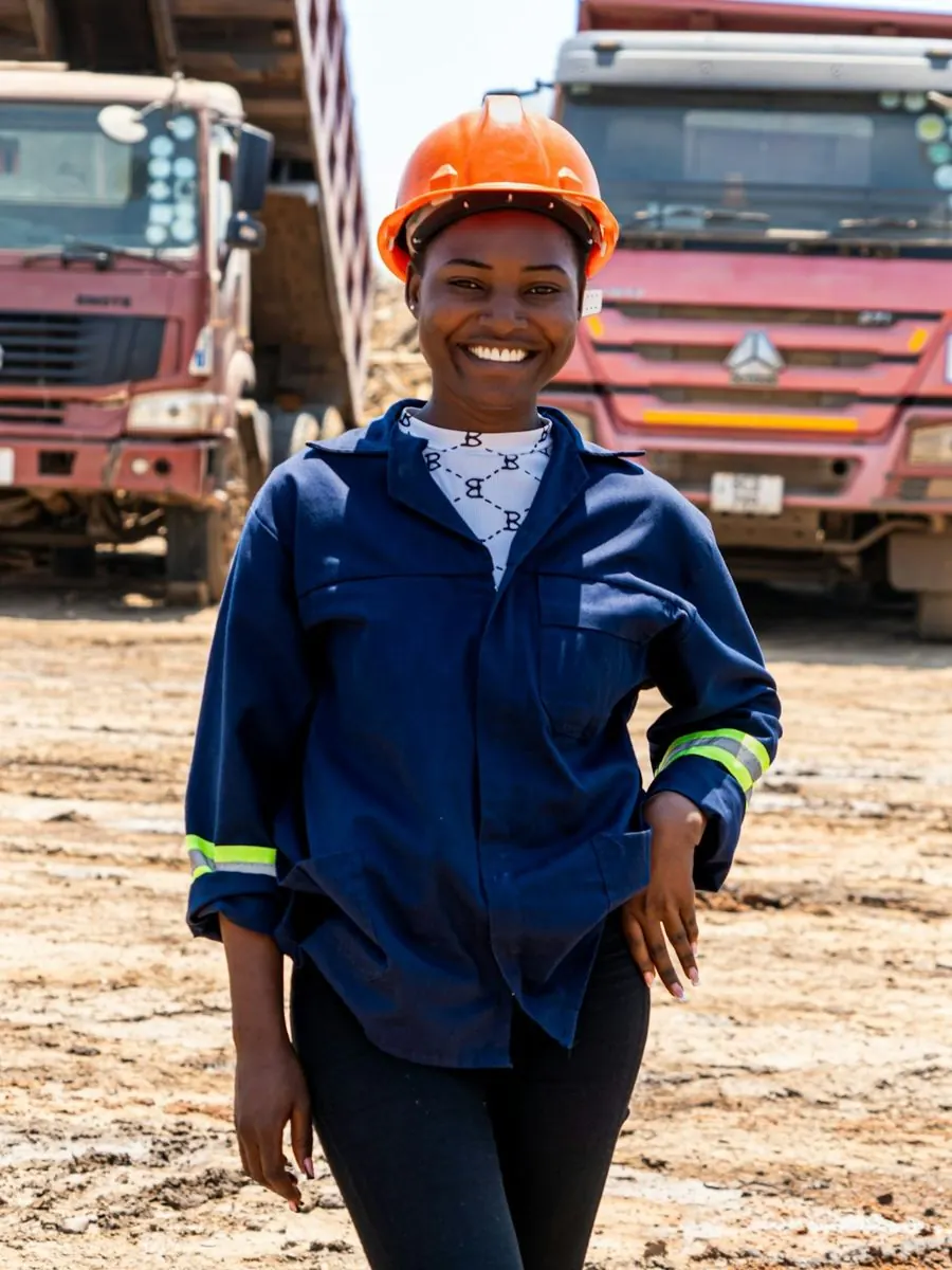 Smiling site worker in an orange hard hat walking past dump trucks