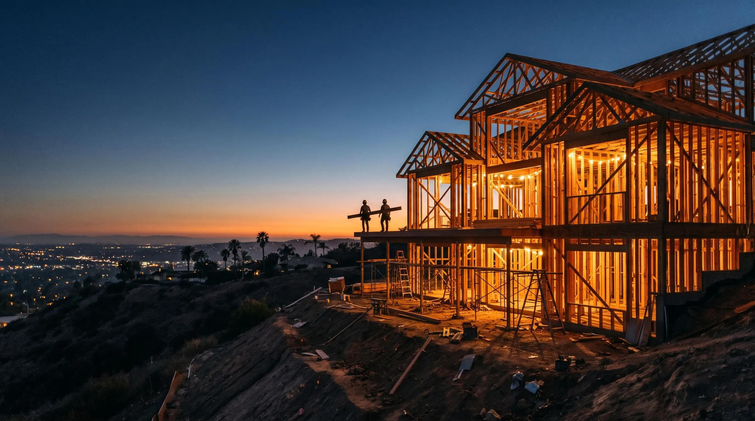 A two-story timber frame lit up at dusk on a Southern California hillside