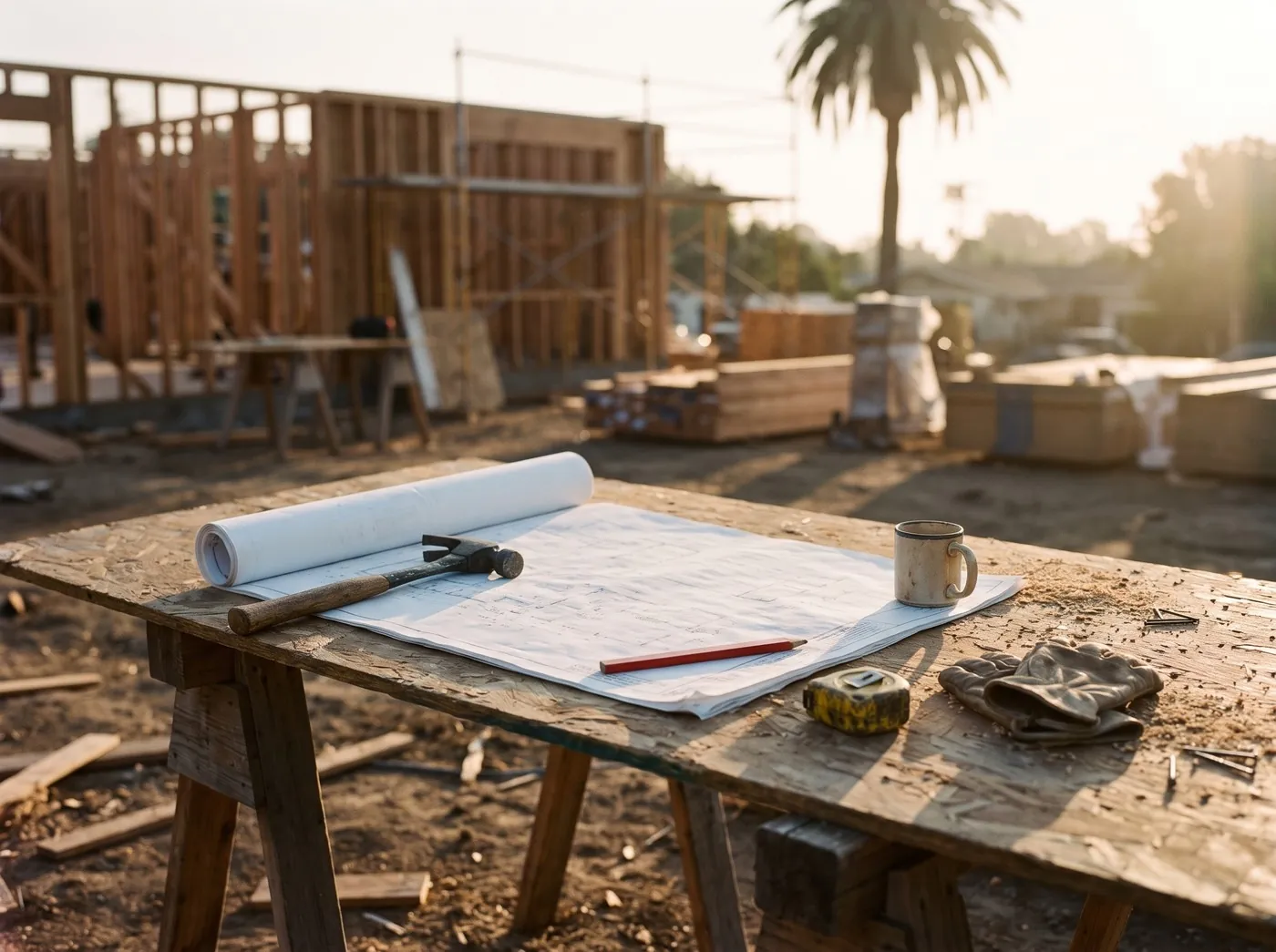 Construction drawings unrolled on a plywood table at a job site
